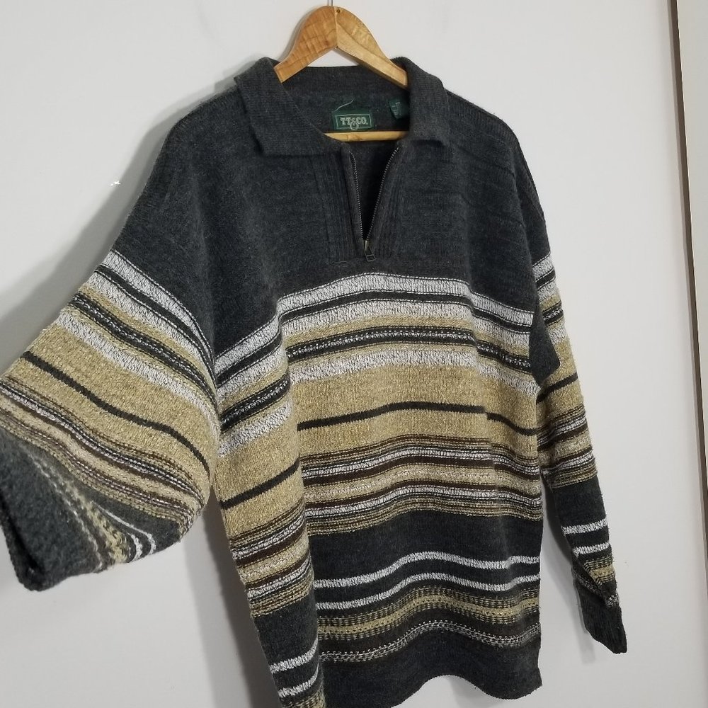 TT & Co. Vintage Oversized Knitted Neutral Wool Blend Striped Cottagecore Granpa